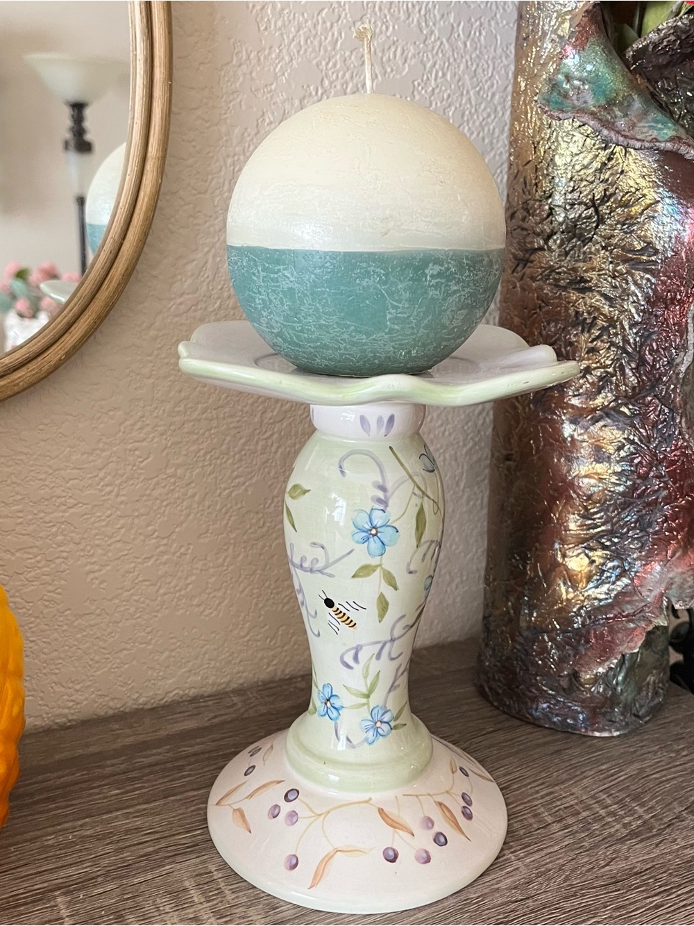 Vintage 1980’s Capriware Floral Bee Design Ceramic Pillar Candle Holder